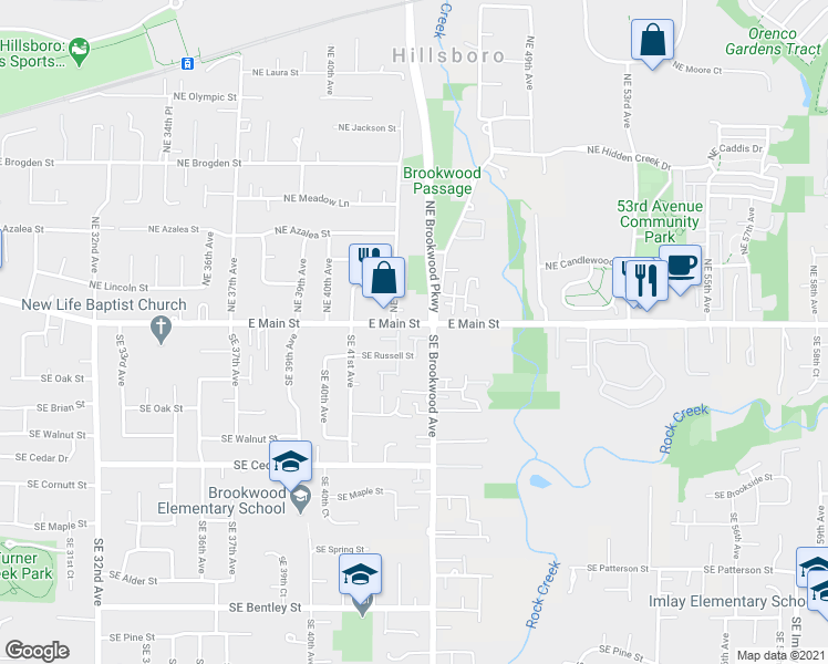 map of restaurants, bars, coffee shops, grocery stores, and more near 224 Southeast 44th Avenue in Hillsboro