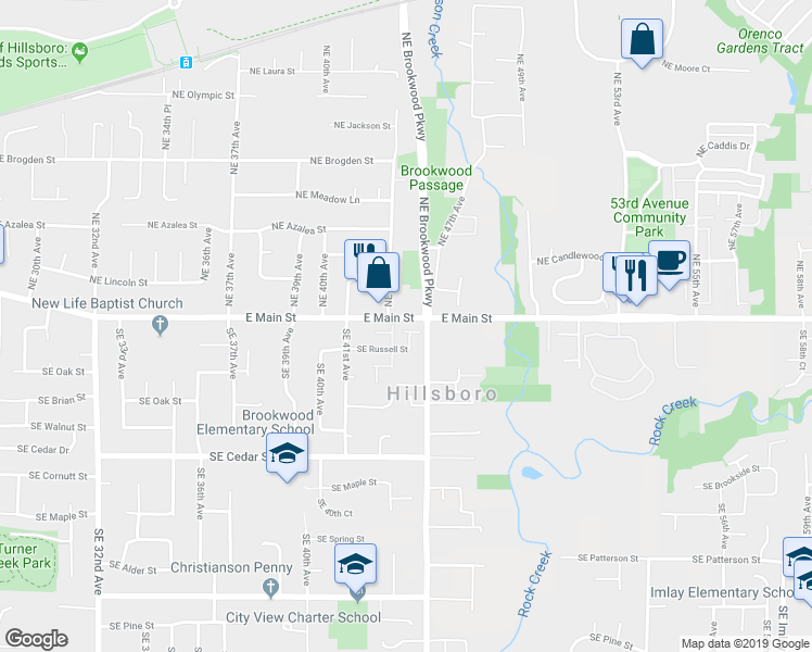 map of restaurants, bars, coffee shops, grocery stores, and more near 224 Southeast 44th Avenue in Hillsboro