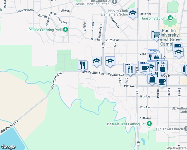 map of restaurants, bars, coffee shops, grocery stores, and more near 1334 Pacific Avenue in Forest Grove