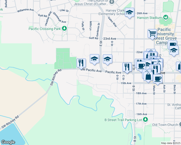 map of restaurants, bars, coffee shops, grocery stores, and more near 1334 Pacific Avenue in Forest Grove