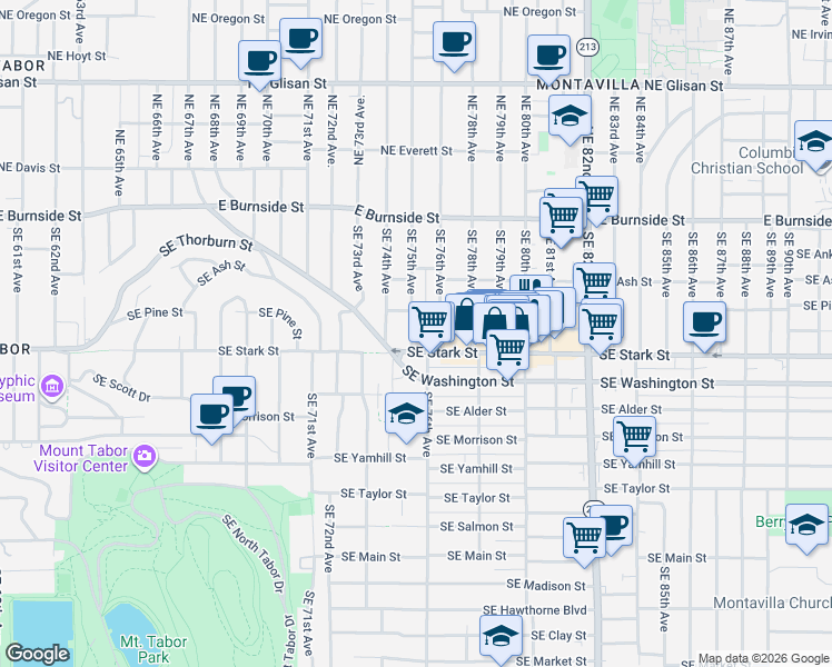 map of restaurants, bars, coffee shops, grocery stores, and more near 402 Southeast 75th Avenue in Portland
