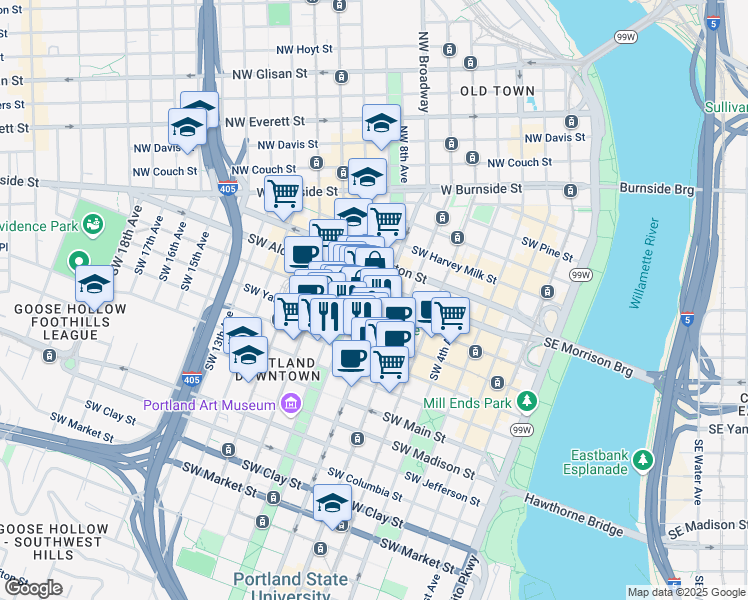 map of restaurants, bars, coffee shops, grocery stores, and more near in Portland