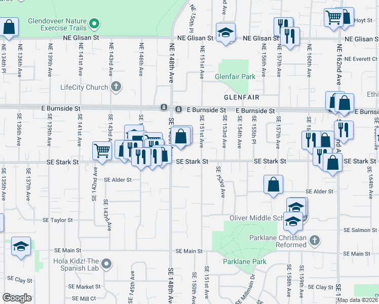 map of restaurants, bars, coffee shops, grocery stores, and more near 14958 Southeast Stark Street in Portland