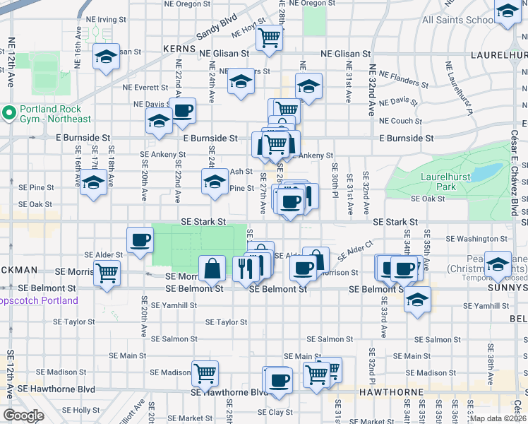 map of restaurants, bars, coffee shops, grocery stores, and more near 422 Southeast 27th Avenue in Portland