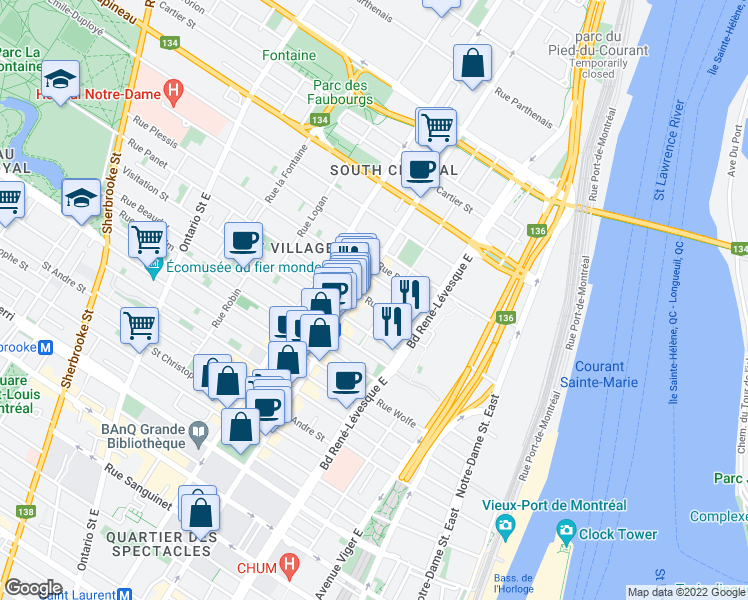 map of restaurants, bars, coffee shops, grocery stores, and more near 1305 Rue Panet in Montréal