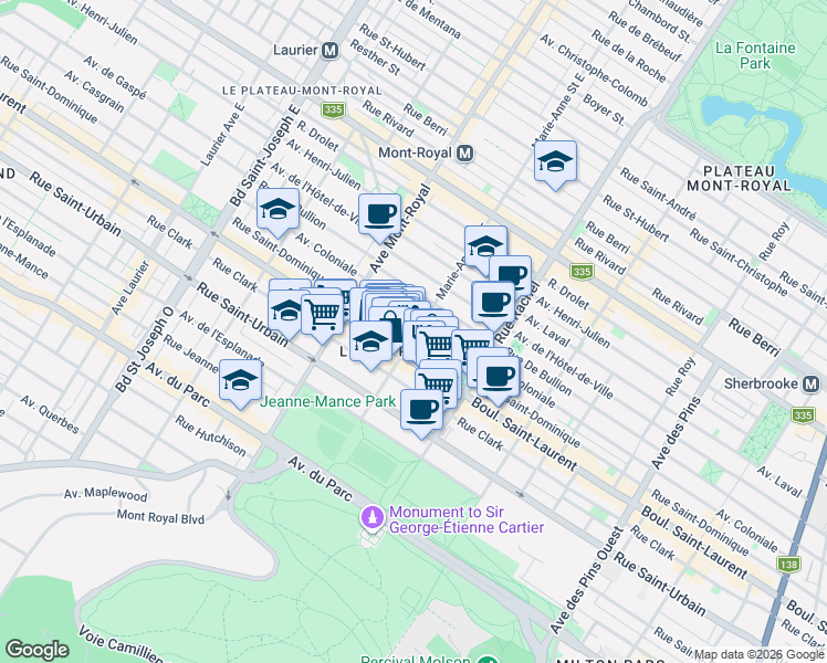 map of restaurants, bars, coffee shops, grocery stores, and more near 4351 Rue Saint-Dominique in Montréal