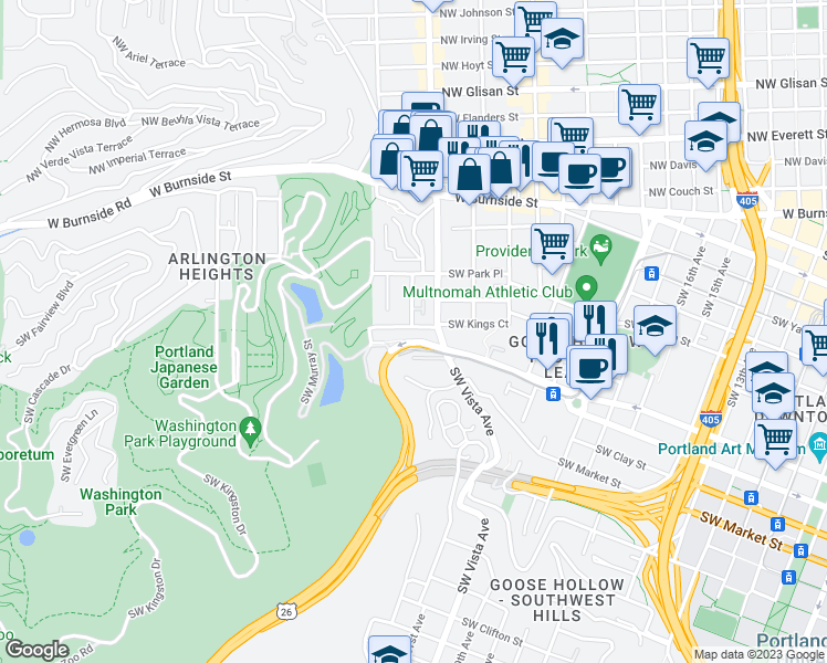 map of restaurants, bars, coffee shops, grocery stores, and more near 2329 Southwest Jefferson Street in Portland