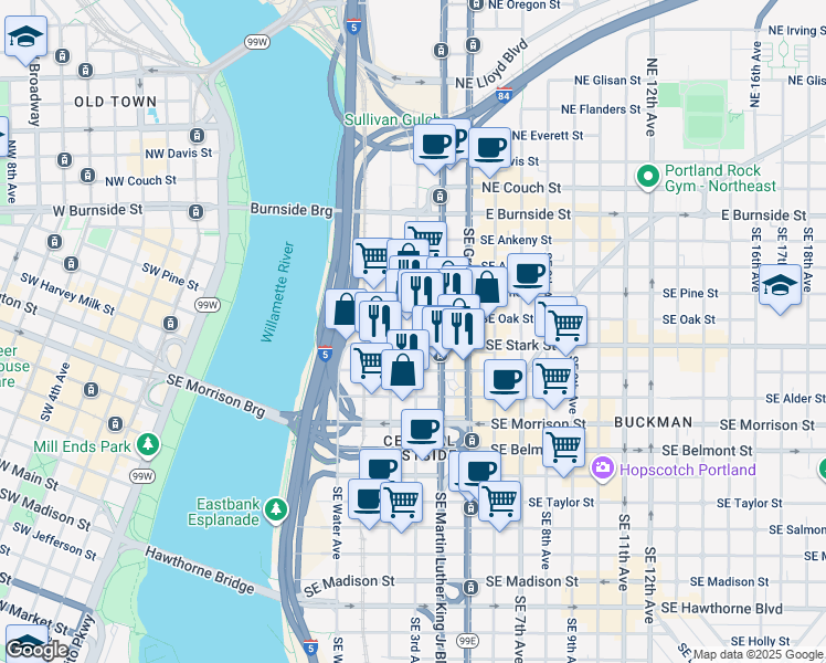 map of restaurants, bars, coffee shops, grocery stores, and more near in Portland
