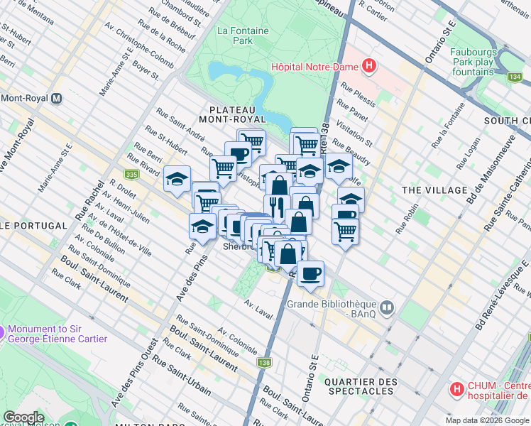 map of restaurants, bars, coffee shops, grocery stores, and more near 543 Rue Cherrier in Montréal