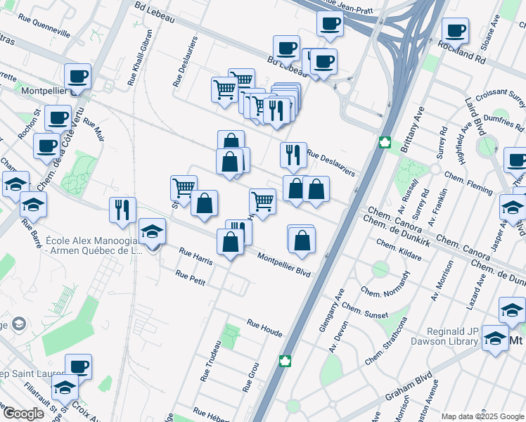 map of restaurants, bars, coffee shops, grocery stores, and more near 600 Rue Hodge in Montréal