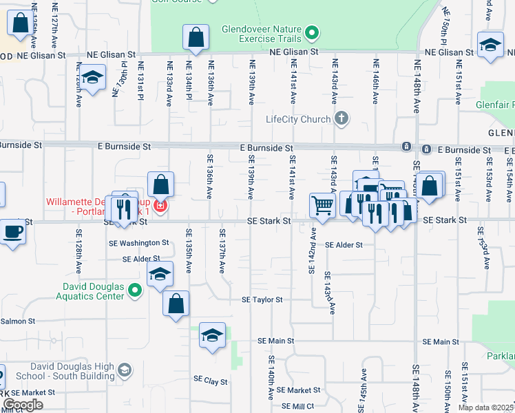 map of restaurants, bars, coffee shops, grocery stores, and more near 13932 Southeast Stark Street in Portland