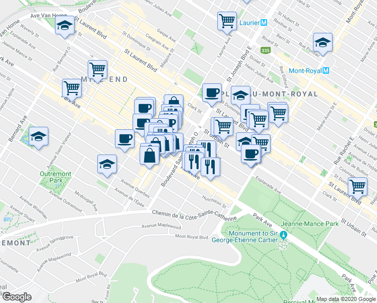 map of restaurants, bars, coffee shops, grocery stores, and more near 242 Boulevard Saint Joseph Ouest in Montréal