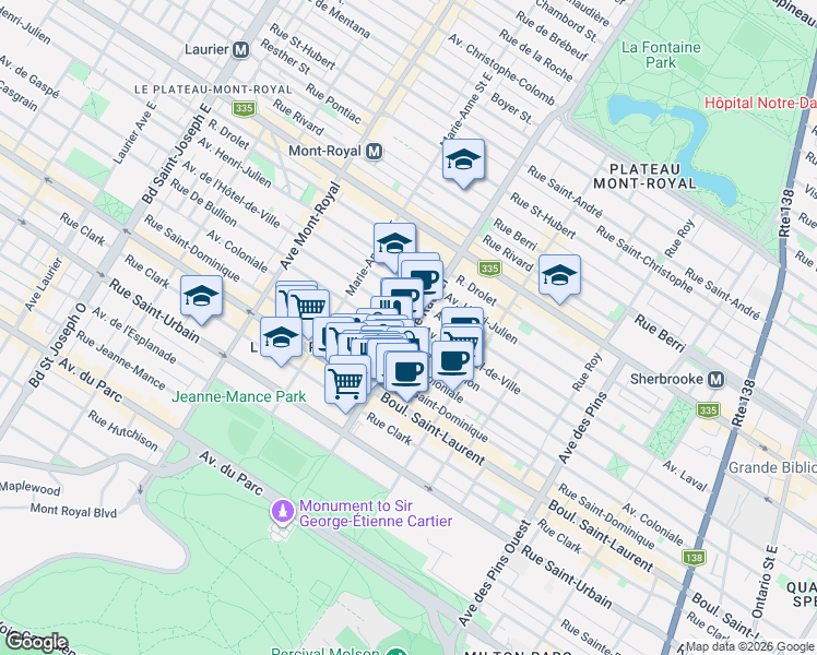 map of restaurants, bars, coffee shops, grocery stores, and more near 167 Rue Rachel Est in Montréal