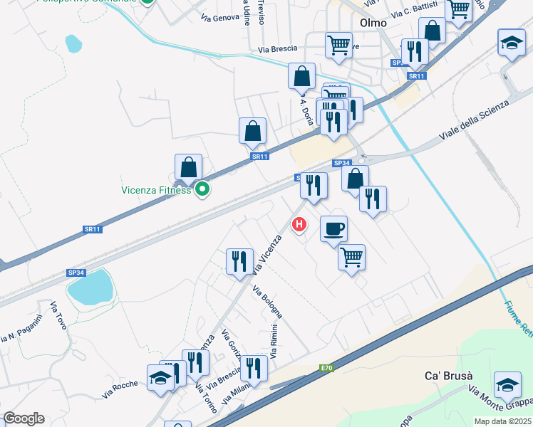 map of restaurants, bars, coffee shops, grocery stores, and more near 20 Via Trieste in Altavilla Vicentina