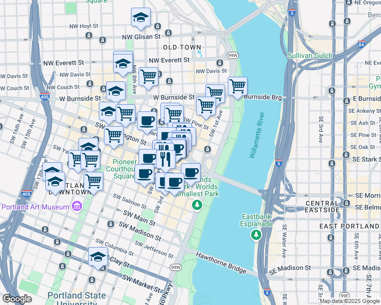 map of restaurants, bars, coffee shops, grocery stores, and more near 415 Southwest 2nd Avenue in Portland