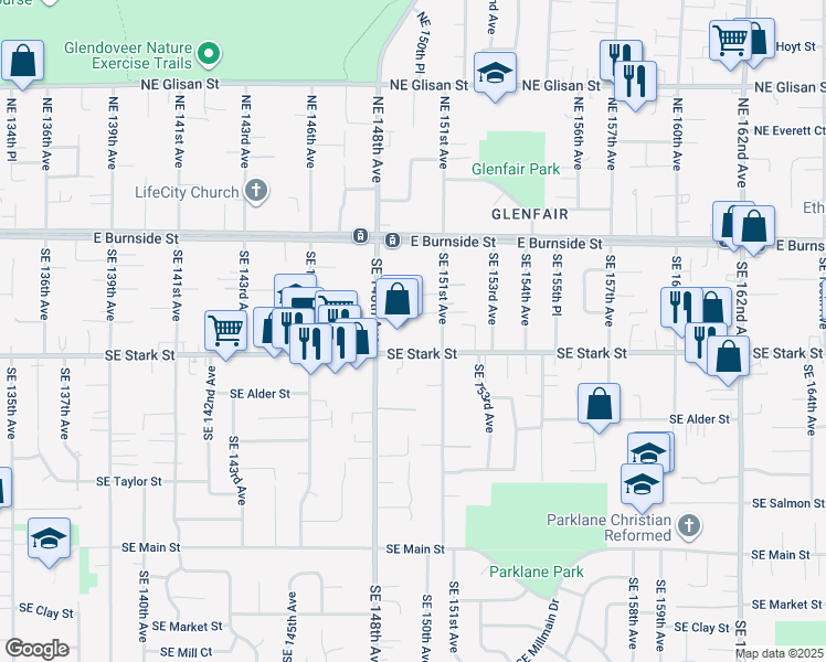 map of restaurants, bars, coffee shops, grocery stores, and more near 14958 Southeast Stark Street in Portland