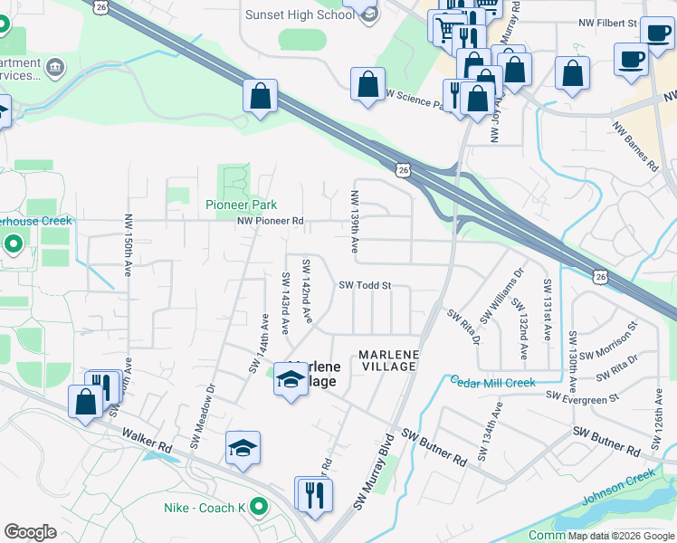 map of restaurants, bars, coffee shops, grocery stores, and more near 14091 Southwest Todd Street in Beaverton