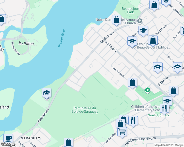 map of restaurants, bars, coffee shops, grocery stores, and more near 8207 Avenue Jean-Bourdon in Montréal