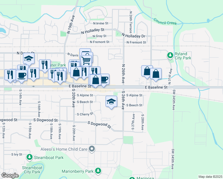 map of restaurants, bars, coffee shops, grocery stores, and more near 2300 East Baseline Street in Cornelius