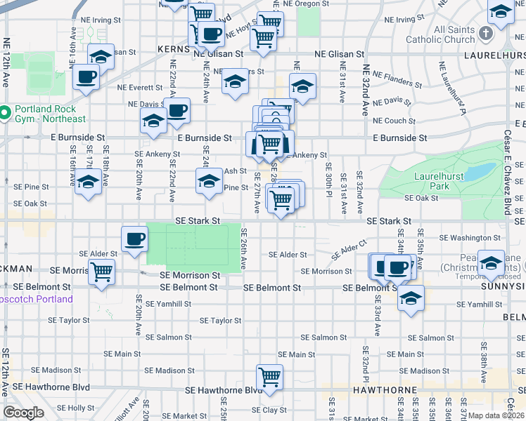 map of restaurants, bars, coffee shops, grocery stores, and more near 422 Southeast 27th Avenue in Portland
