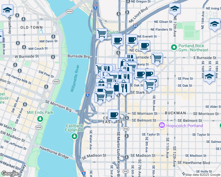 map of restaurants, bars, coffee shops, grocery stores, and more near 425 Southeast 3rd Avenue in Portland