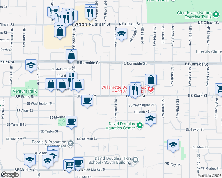 map of restaurants, bars, coffee shops, grocery stores, and more near 218 Southeast 127th Avenue in Portland