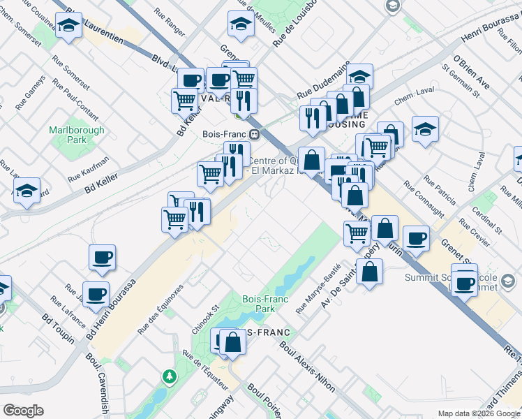 map of restaurants, bars, coffee shops, grocery stores, and more near 2335 Rue des Équinoxes in Montréal