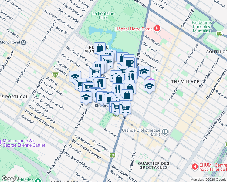 map of restaurants, bars, coffee shops, grocery stores, and more near 545 Rue Cherrier in Montréal