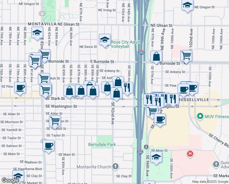 map of restaurants, bars, coffee shops, grocery stores, and more near Southeast Oak Street in Portland