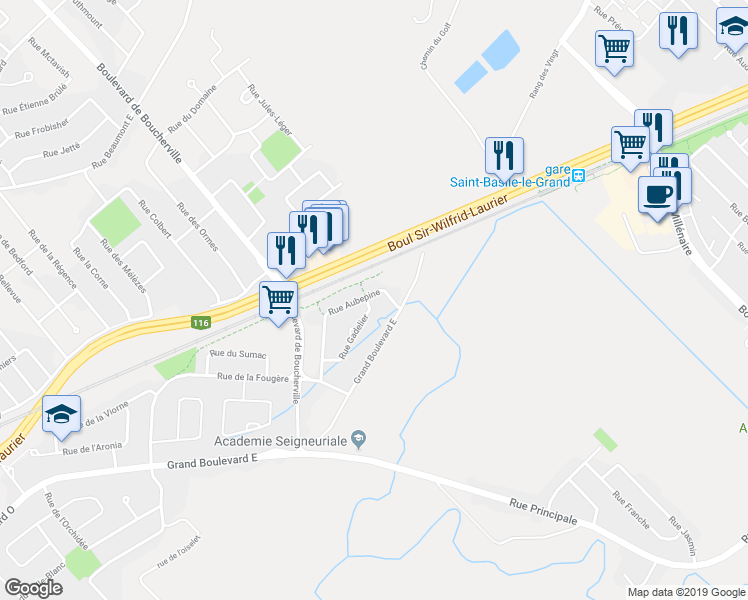 map of restaurants, bars, coffee shops, grocery stores, and more near 3141 Rue du Gadelier in Saint-Bruno-de-Montarville