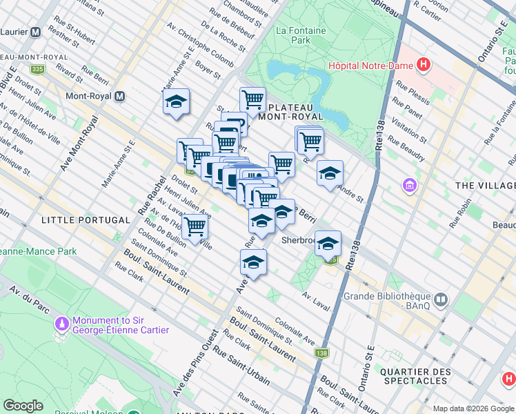 map of restaurants, bars, coffee shops, grocery stores, and more near 3831 Rue Saint-Denis in Montréal