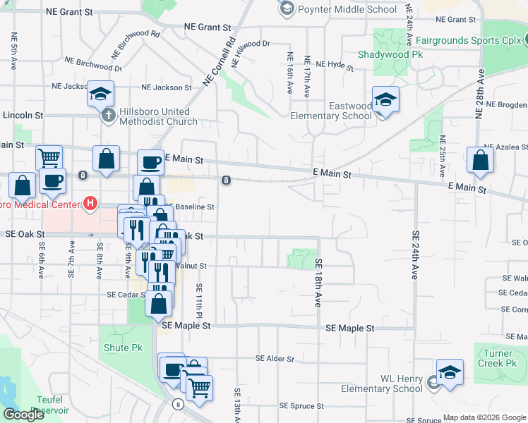 map of restaurants, bars, coffee shops, grocery stores, and more near 315 Southeast 15th Avenue in Hillsboro