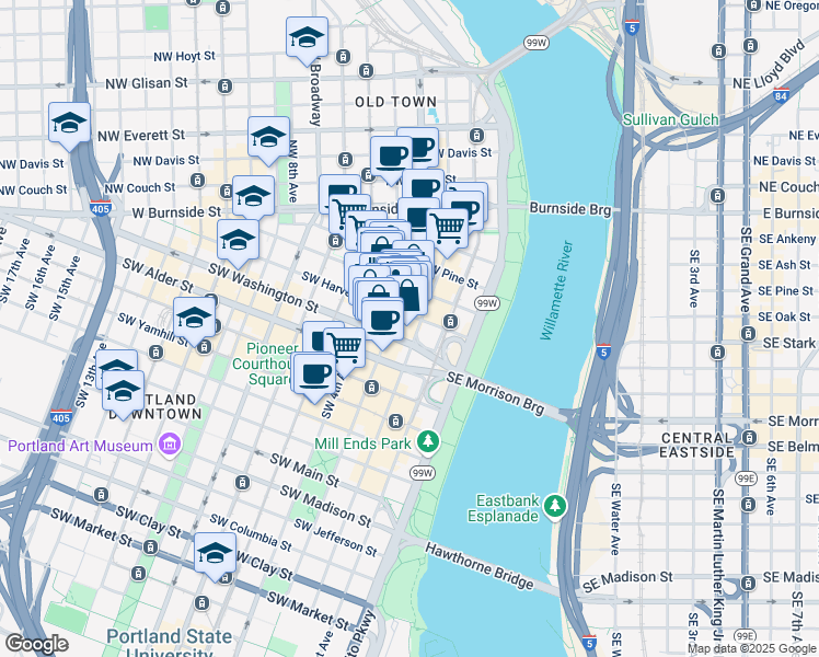 map of restaurants, bars, coffee shops, grocery stores, and more near 415 Southwest 2nd Avenue in Portland