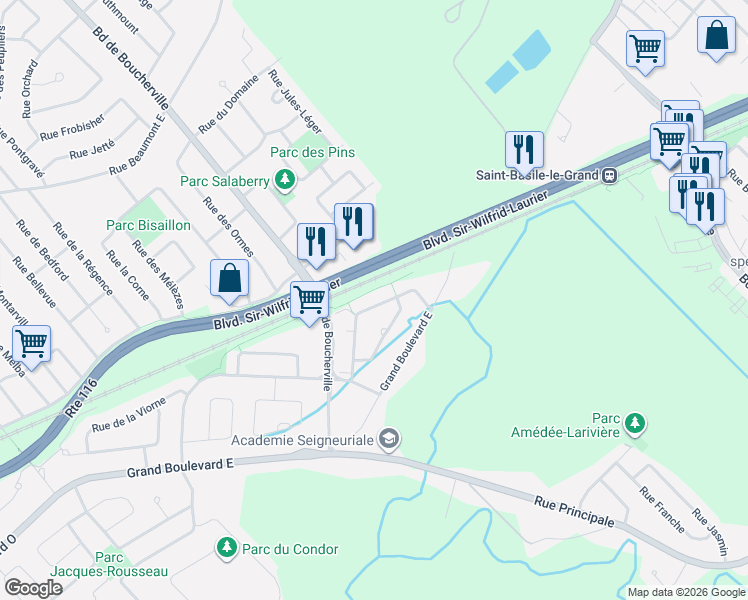 map of restaurants, bars, coffee shops, grocery stores, and more near 3162 Rue de l'Aubépine in Saint-Bruno-de-Montarville