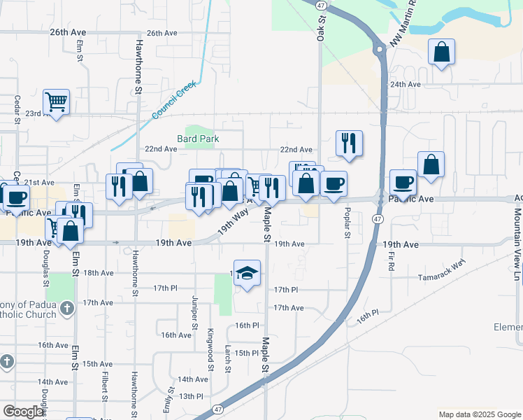 map of restaurants, bars, coffee shops, grocery stores, and more near 3130 Pacific Avenue in Forest Grove