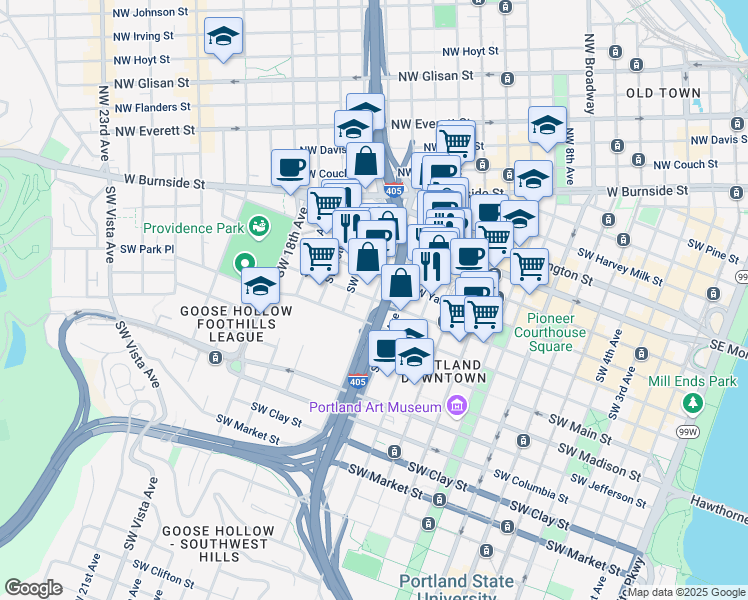 map of restaurants, bars, coffee shops, grocery stores, and more near SW 14th Ave & SW Taylor St in Portland
