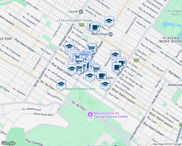 map of restaurants, bars, coffee shops, grocery stores, and more near 4417 Boulevard Saint-Laurent in Montréal