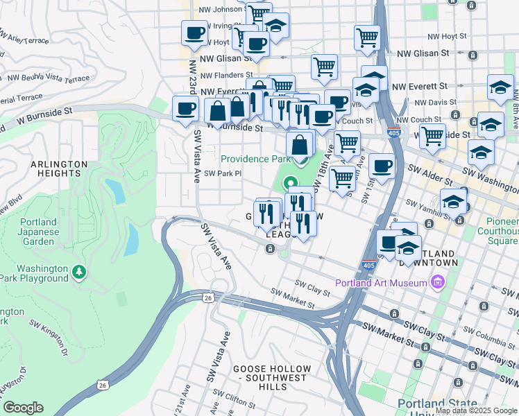 map of restaurants, bars, coffee shops, grocery stores, and more near 2020 Southwest Salmon Street in Portland