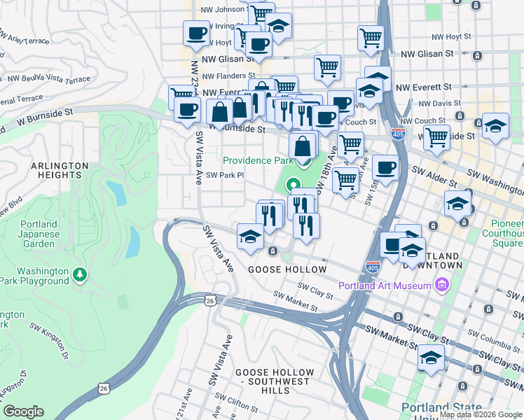 map of restaurants, bars, coffee shops, grocery stores, and more near 2020 Southwest Salmon Street in Portland