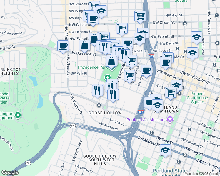 map of restaurants, bars, coffee shops, grocery stores, and more near 1015 Southwest 18th Avenue in Portland