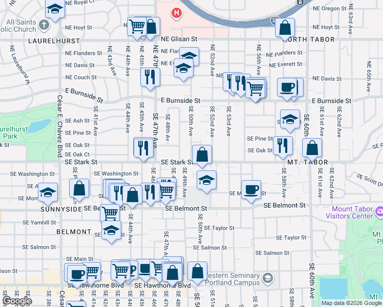map of restaurants, bars, coffee shops, grocery stores, and more near 328 Southeast 50th Avenue in Portland