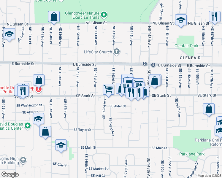 map of restaurants, bars, coffee shops, grocery stores, and more near 304 Southeast 143rd Avenue in Portland