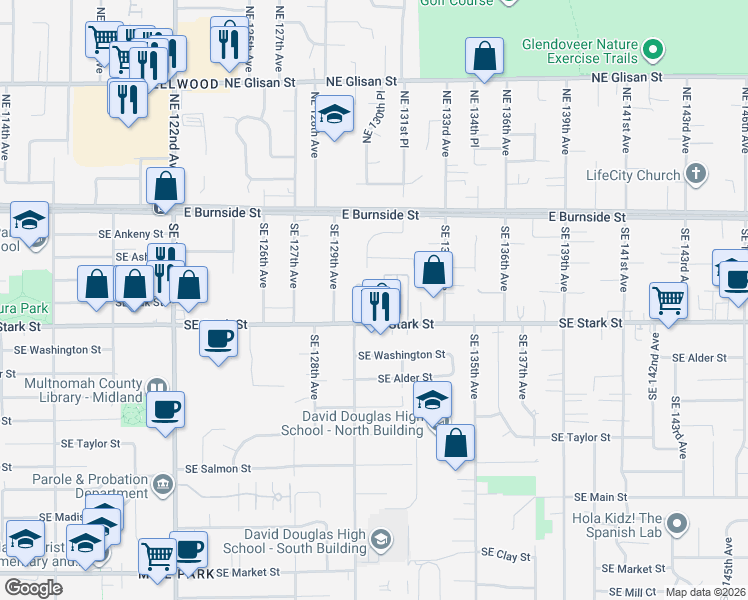 map of restaurants, bars, coffee shops, grocery stores, and more near 13035 Southeast Stark Street in Portland