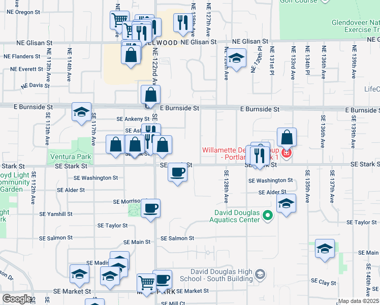 map of restaurants, bars, coffee shops, grocery stores, and more near 232 Southeast 124th Avenue in Portland