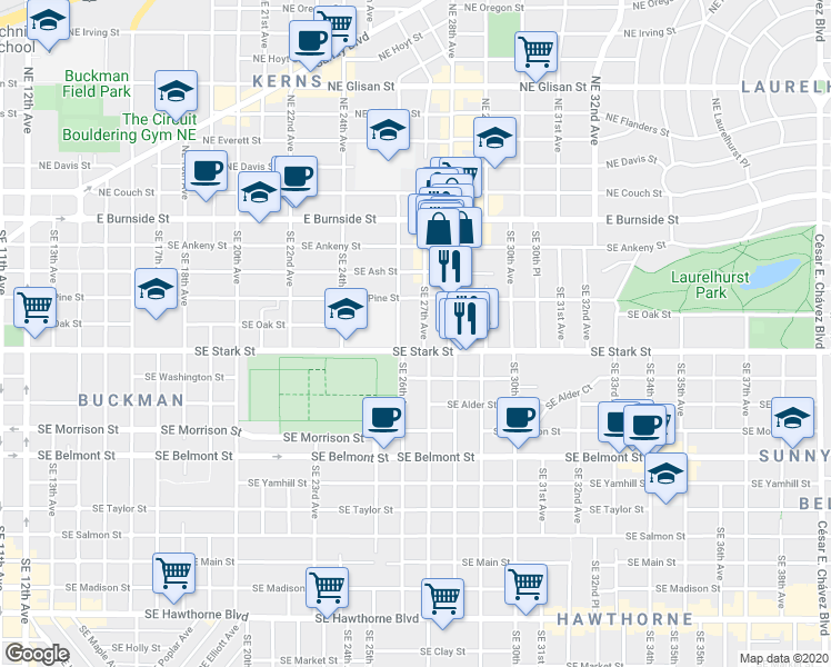 map of restaurants, bars, coffee shops, grocery stores, and more near 313 Southeast 27th Avenue in Portland