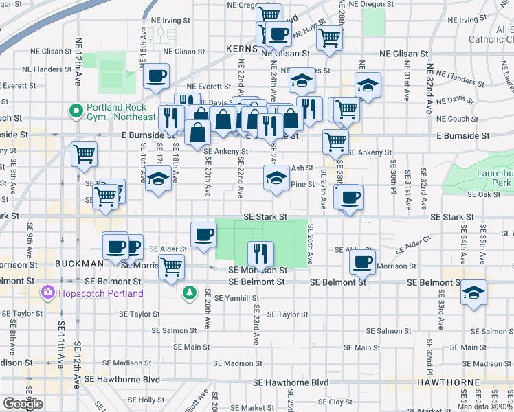 map of restaurants, bars, coffee shops, grocery stores, and more near 2232 Southeast Pine Street in Portland