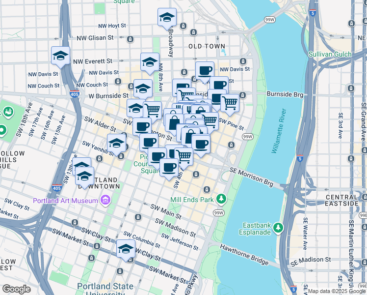 map of restaurants, bars, coffee shops, grocery stores, and more near 321 Southwest 4th Avenue in Portland