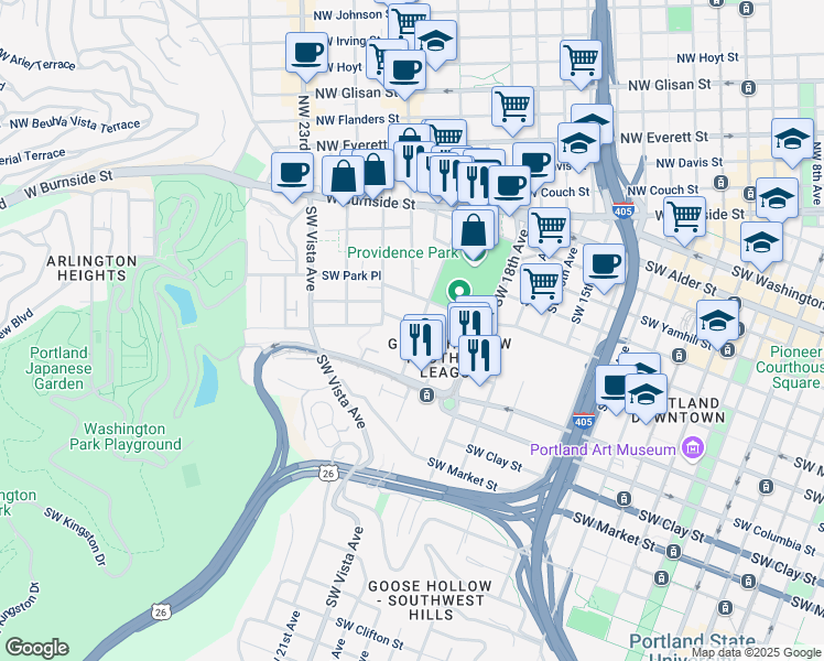 map of restaurants, bars, coffee shops, grocery stores, and more near 2020 Southwest Salmon Street in Portland