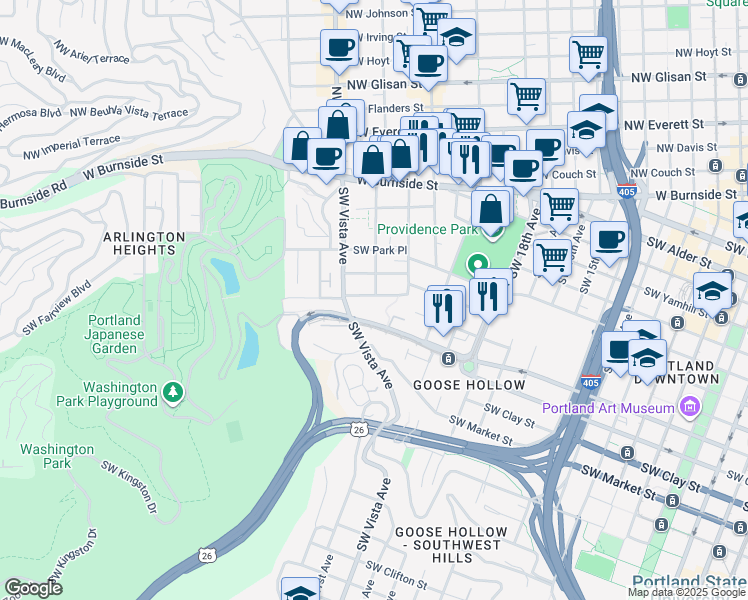 map of restaurants, bars, coffee shops, grocery stores, and more near 2210 Southwest Main Street in Portland