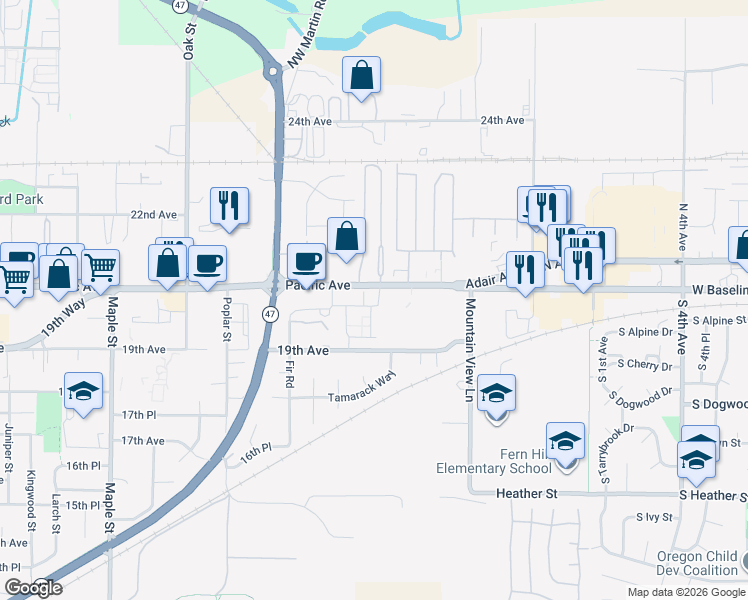map of restaurants, bars, coffee shops, grocery stores, and more near in Forest Grove